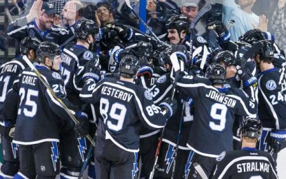 TAMPA, FL - MARCH 5: The Tampa Bay Lightning celebrate the win against the Carolina Hurricanes after setting a franchise record nine wins in a row after the game at the Amalie Arena on March 5, 2016 in Tampa, Florida.  (Photo by Scott Audette/NHLI via Getty Images)